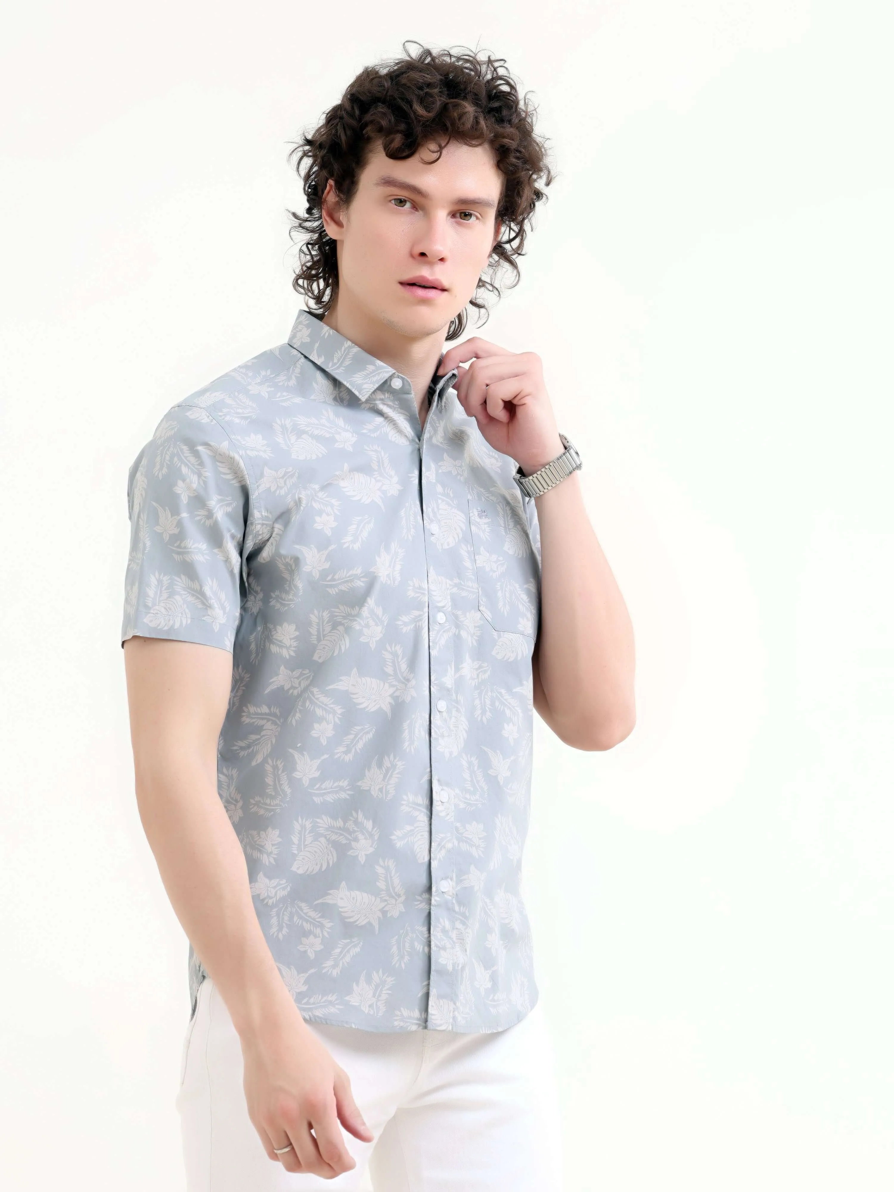 Tropical palm tree dusky blue printed shirt