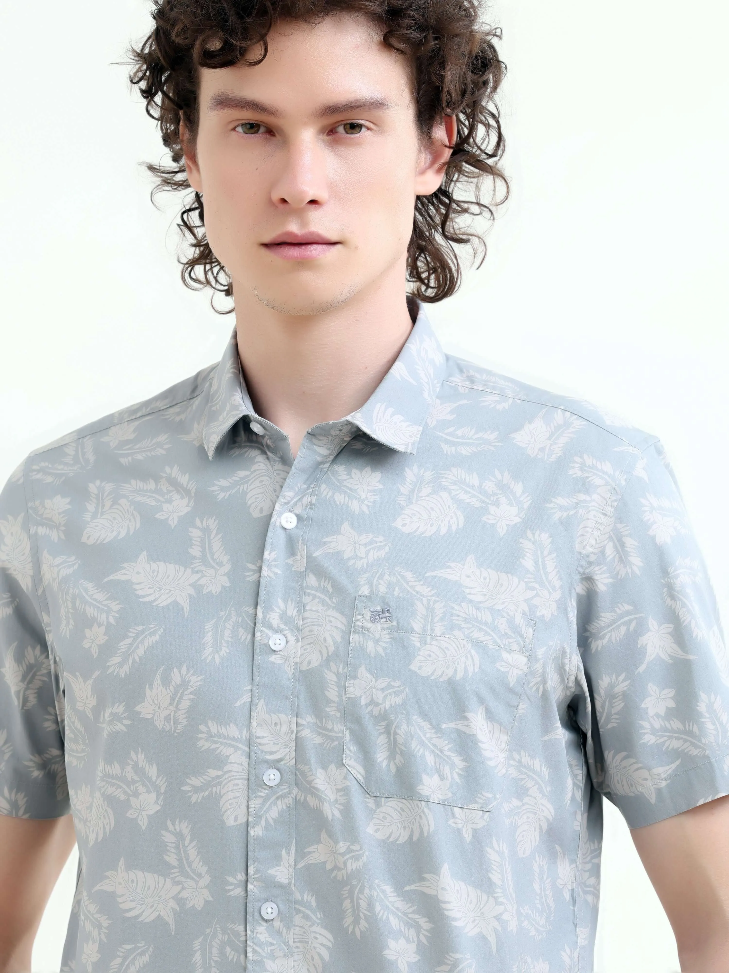 Tropical palm tree dusky blue printed shirt