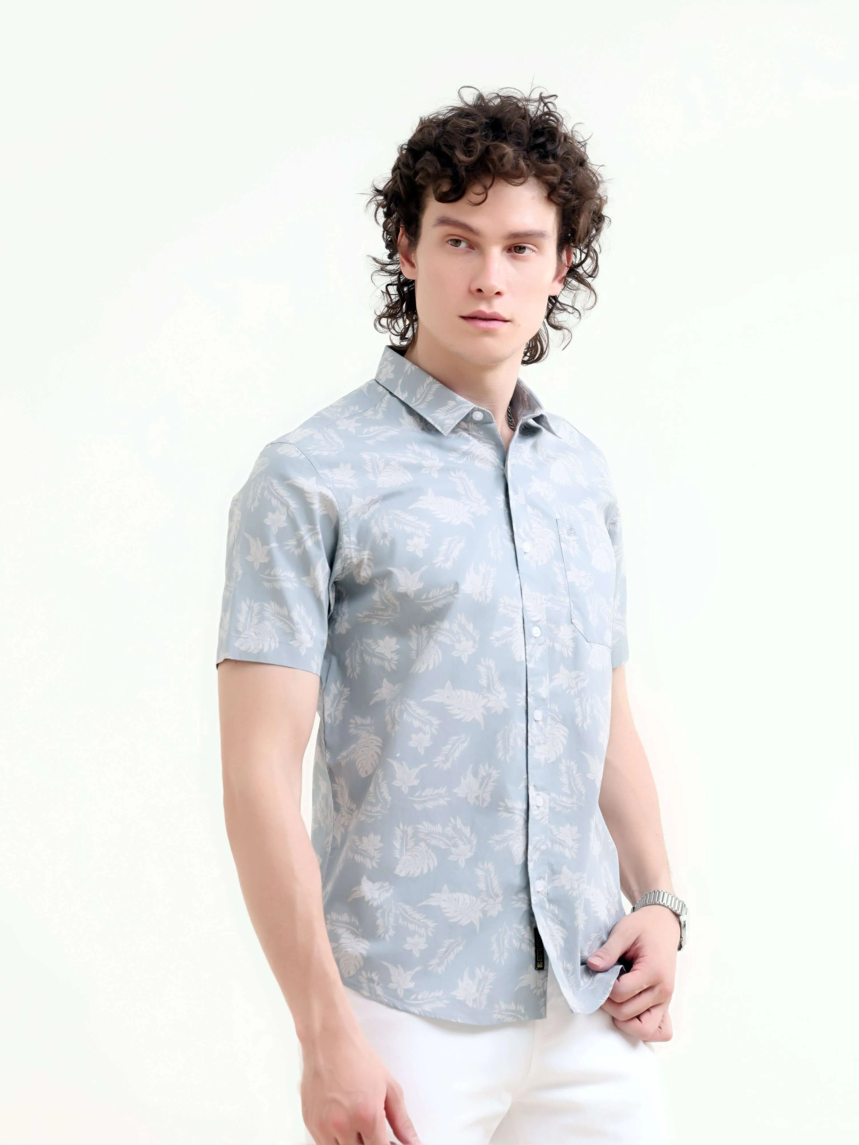 Tropical palm tree dusky blue printed shirt