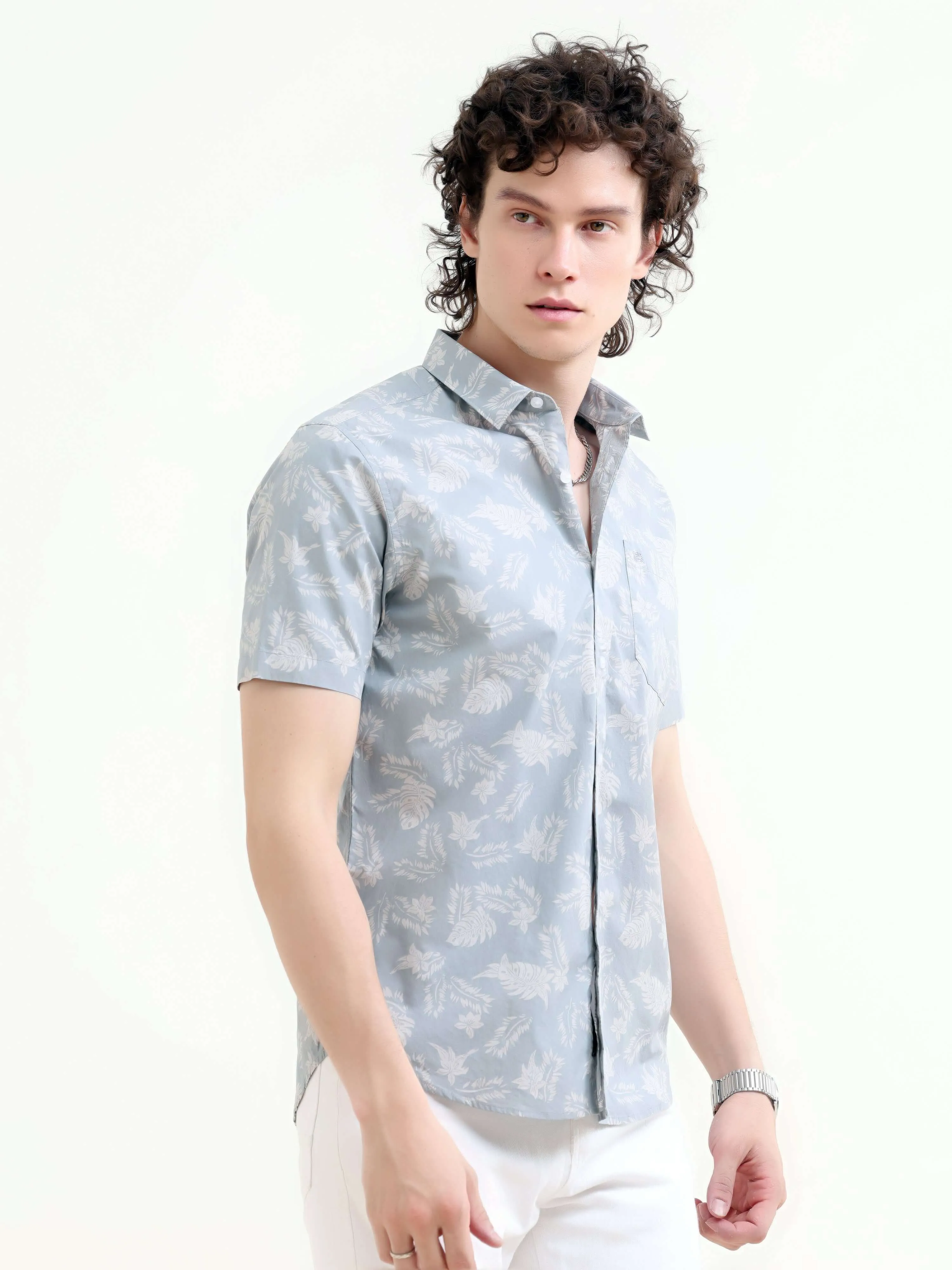 Tropical palm tree dusky blue printed shirt