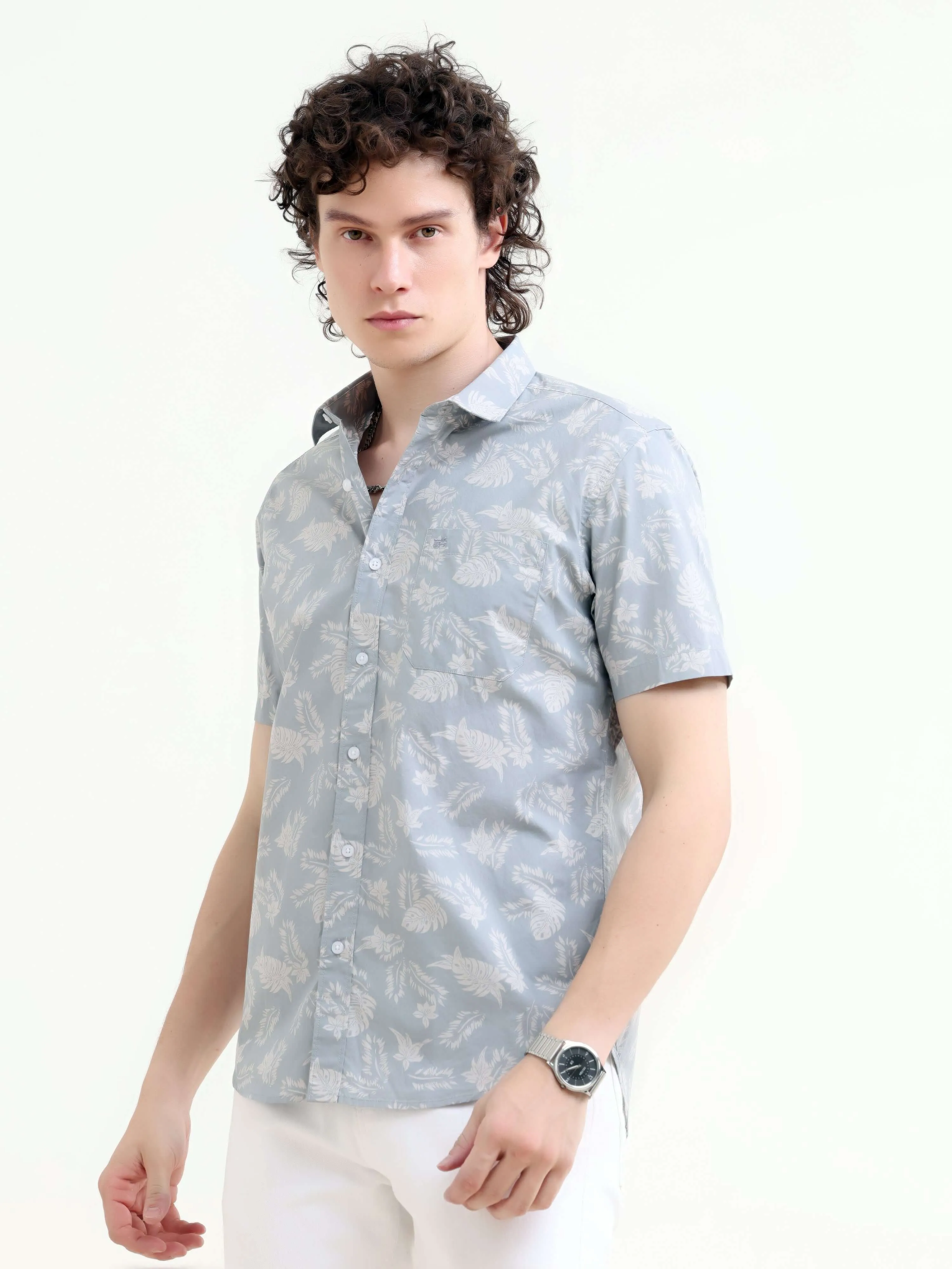 Tropical palm tree dusky blue printed shirt