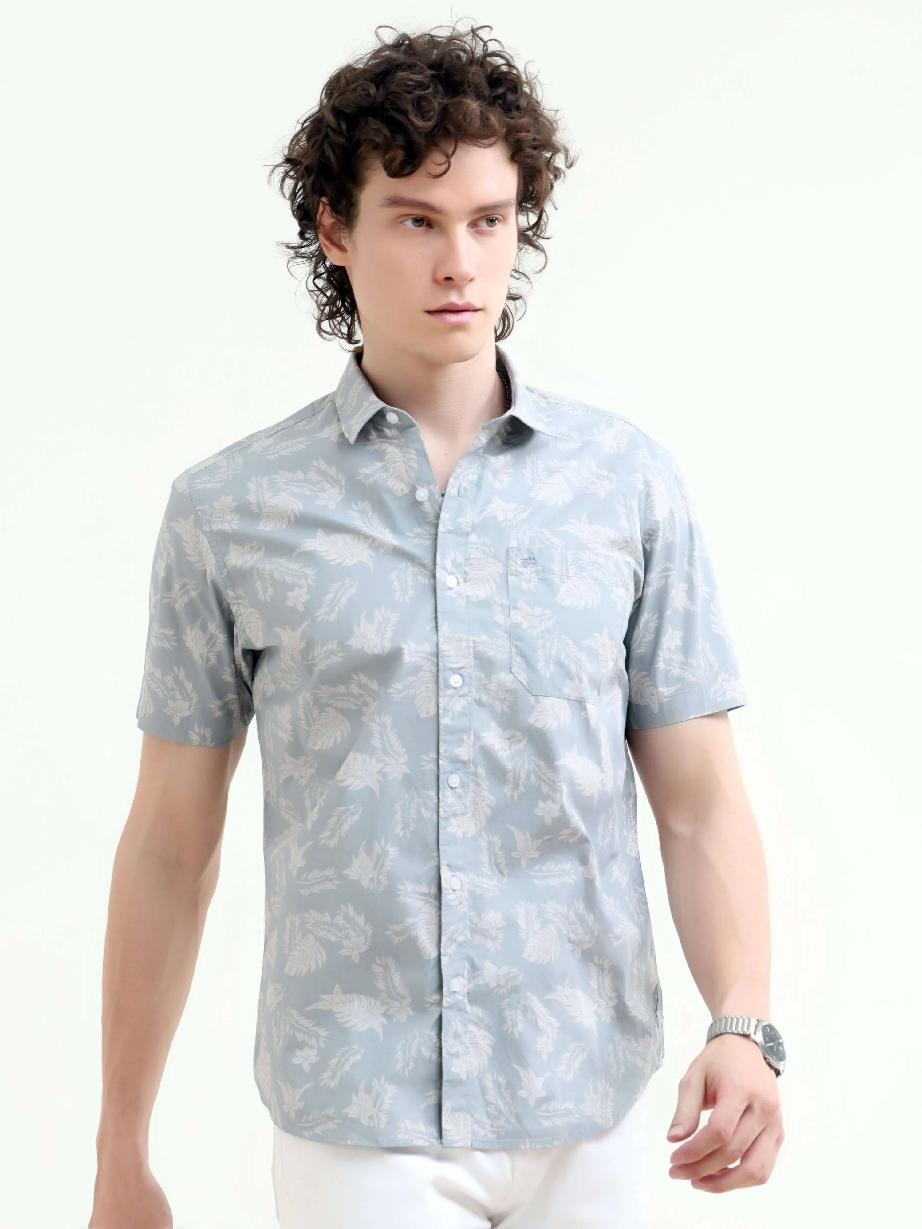 Tropical palm tree dusky blue printed shirt