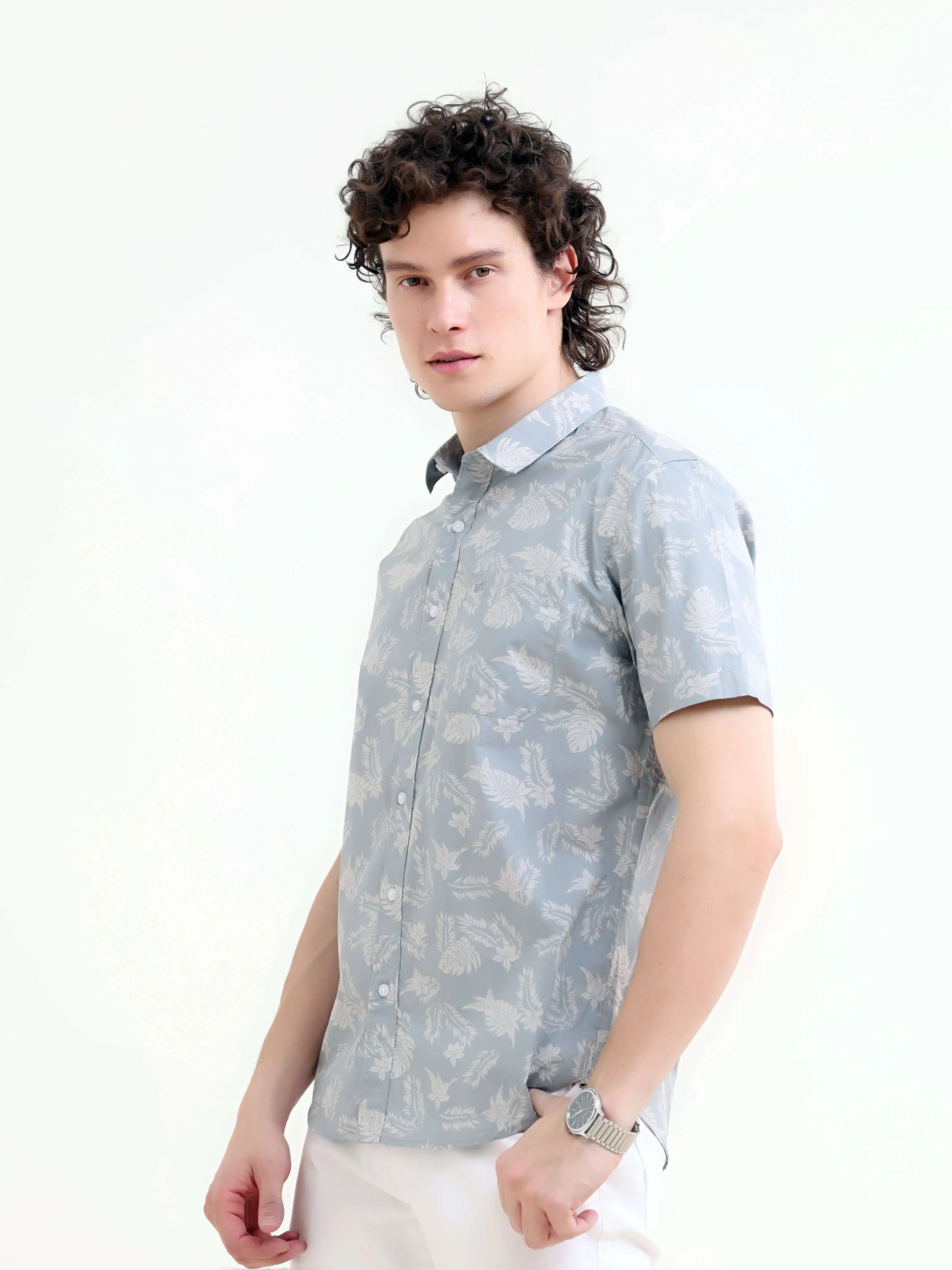 Tropical palm tree dusky blue printed shirt
