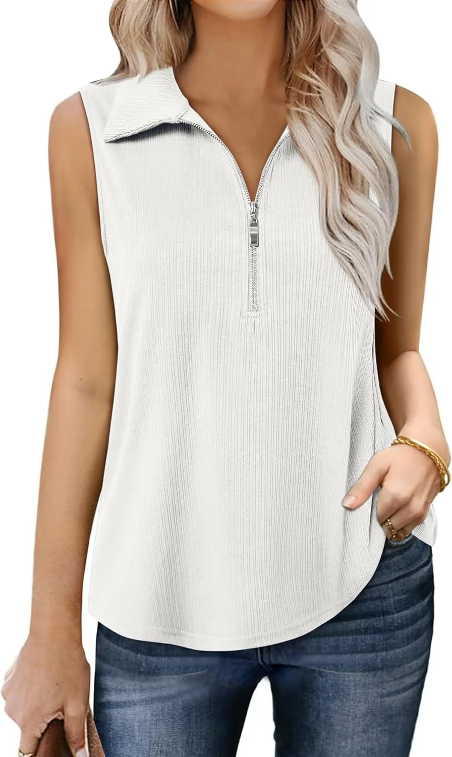 Vivilli Womens Ribbed Tank Top Zipper V Neck Dressy Casual Blouses Sleeveless Camisole Tops Work Tank Polo Shirts