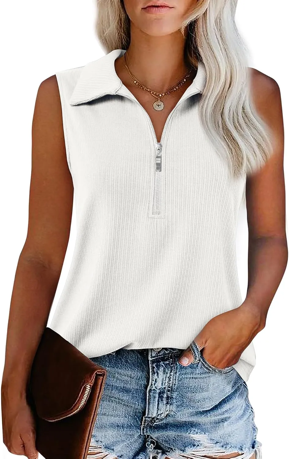 Vivilli Womens Ribbed Tank Top Zipper V Neck Dressy Casual Blouses Sleeveless Camisole Tops Work Tank Polo Shirts