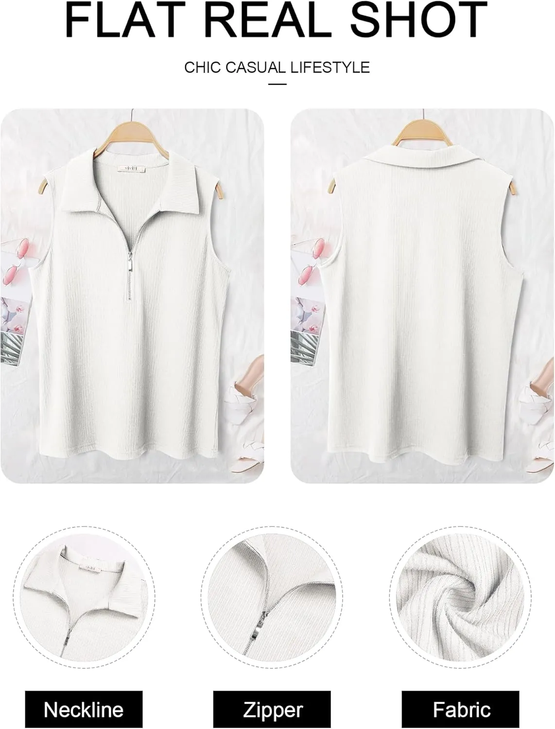 Vivilli Womens Ribbed Tank Top Zipper V Neck Dressy Casual Blouses Sleeveless Camisole Tops Work Tank Polo Shirts