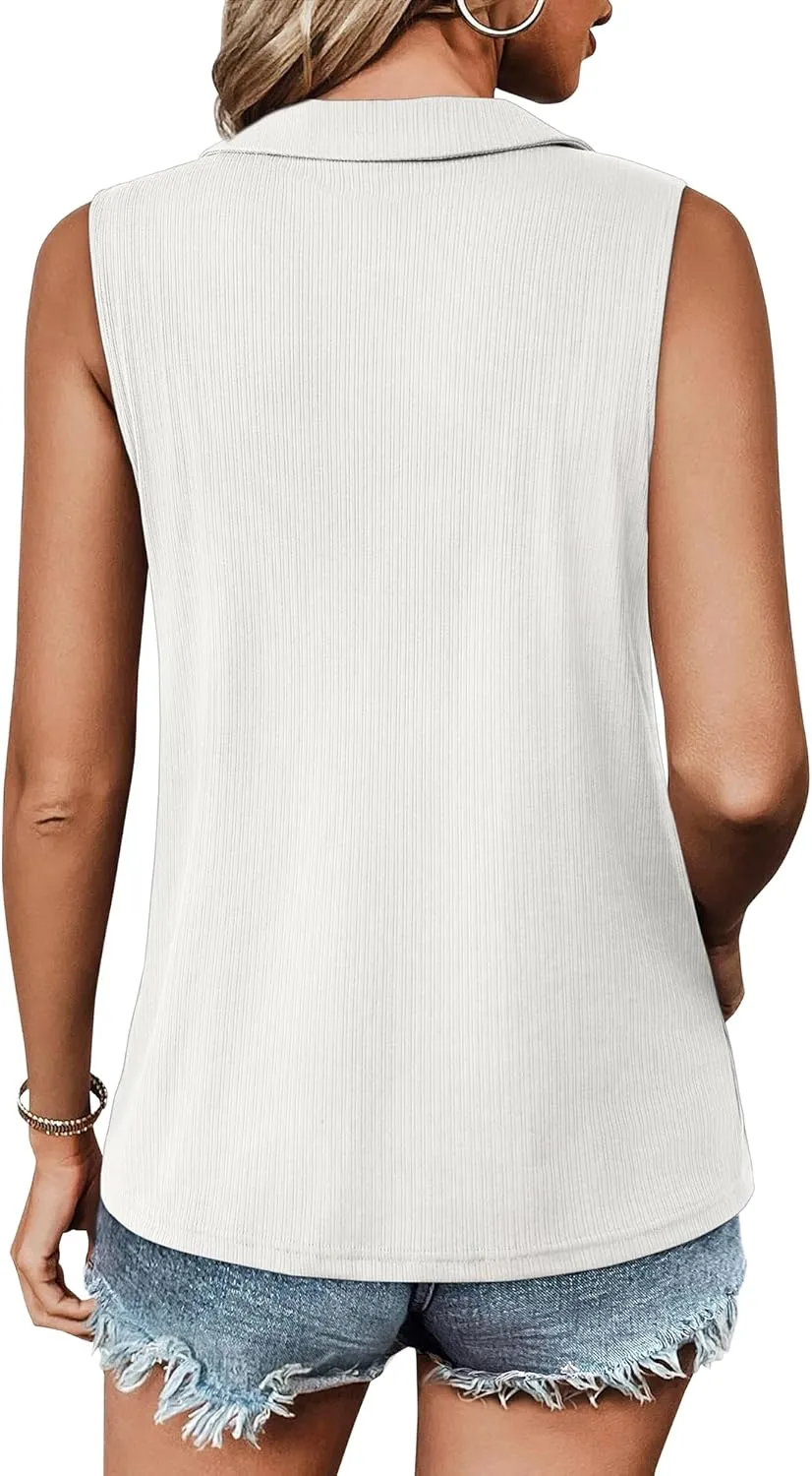 Vivilli Womens Ribbed Tank Top Zipper V Neck Dressy Casual Blouses Sleeveless Camisole Tops Work Tank Polo Shirts