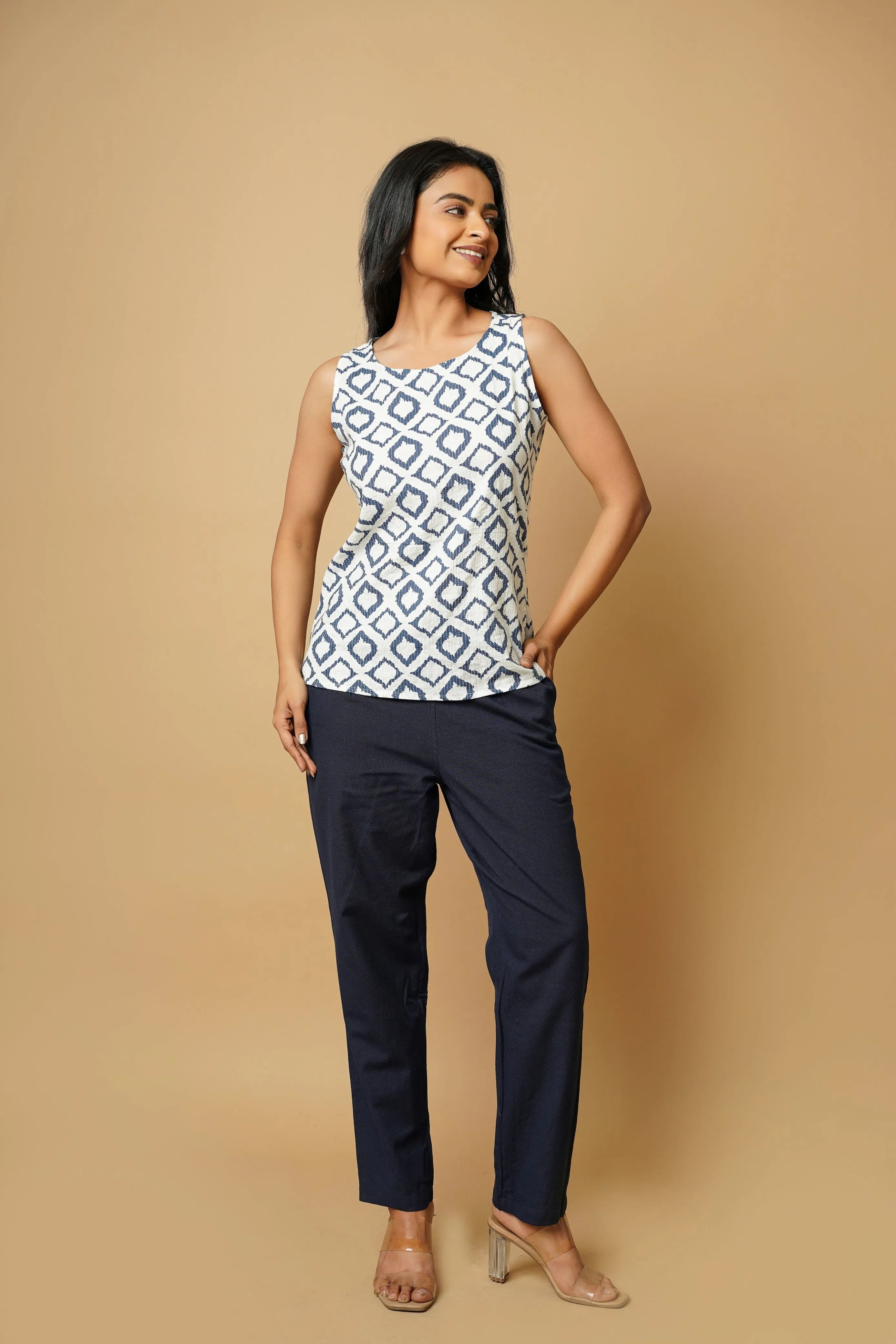 White Hand Block Cotton Tank Top