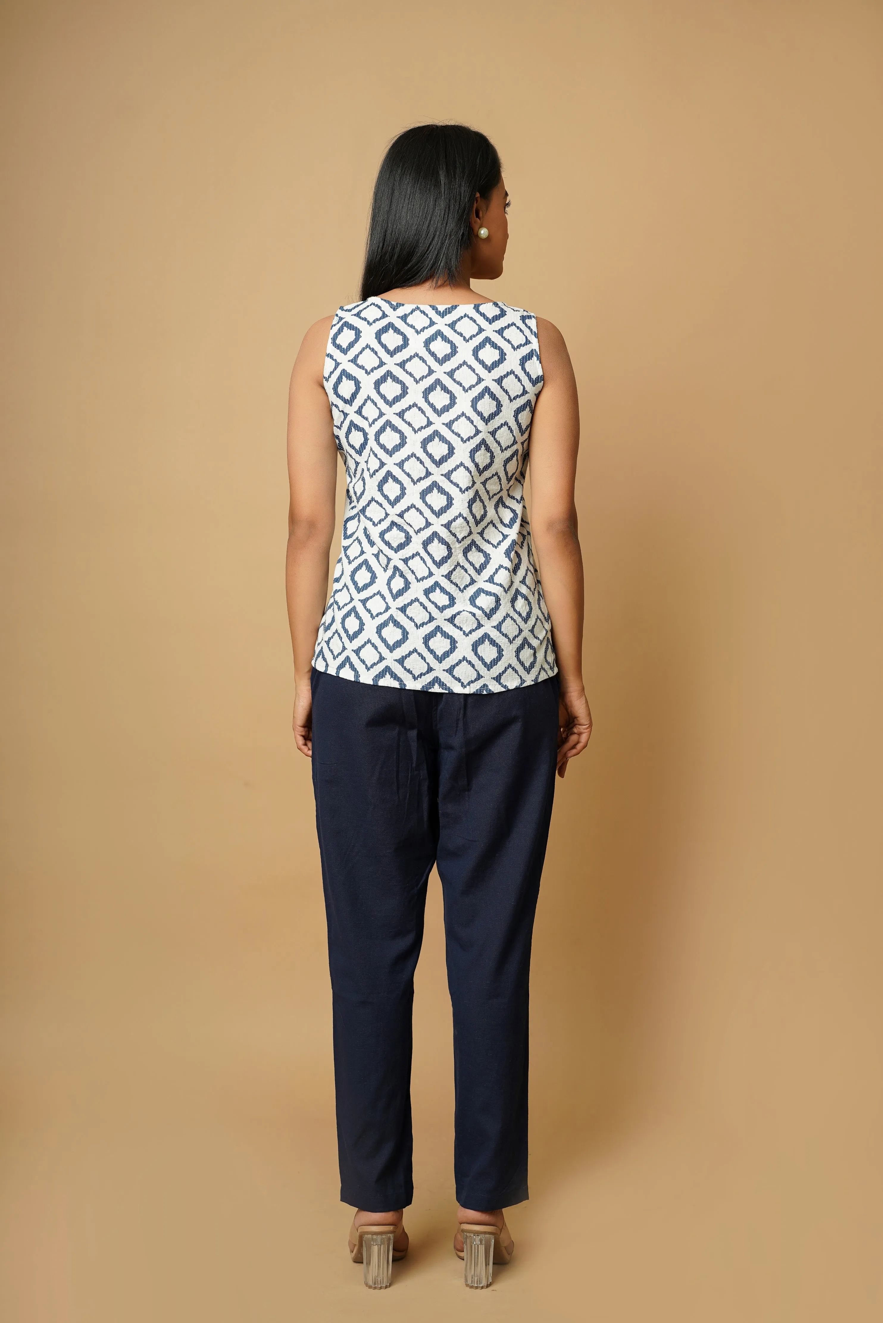 White Hand Block Cotton Tank Top