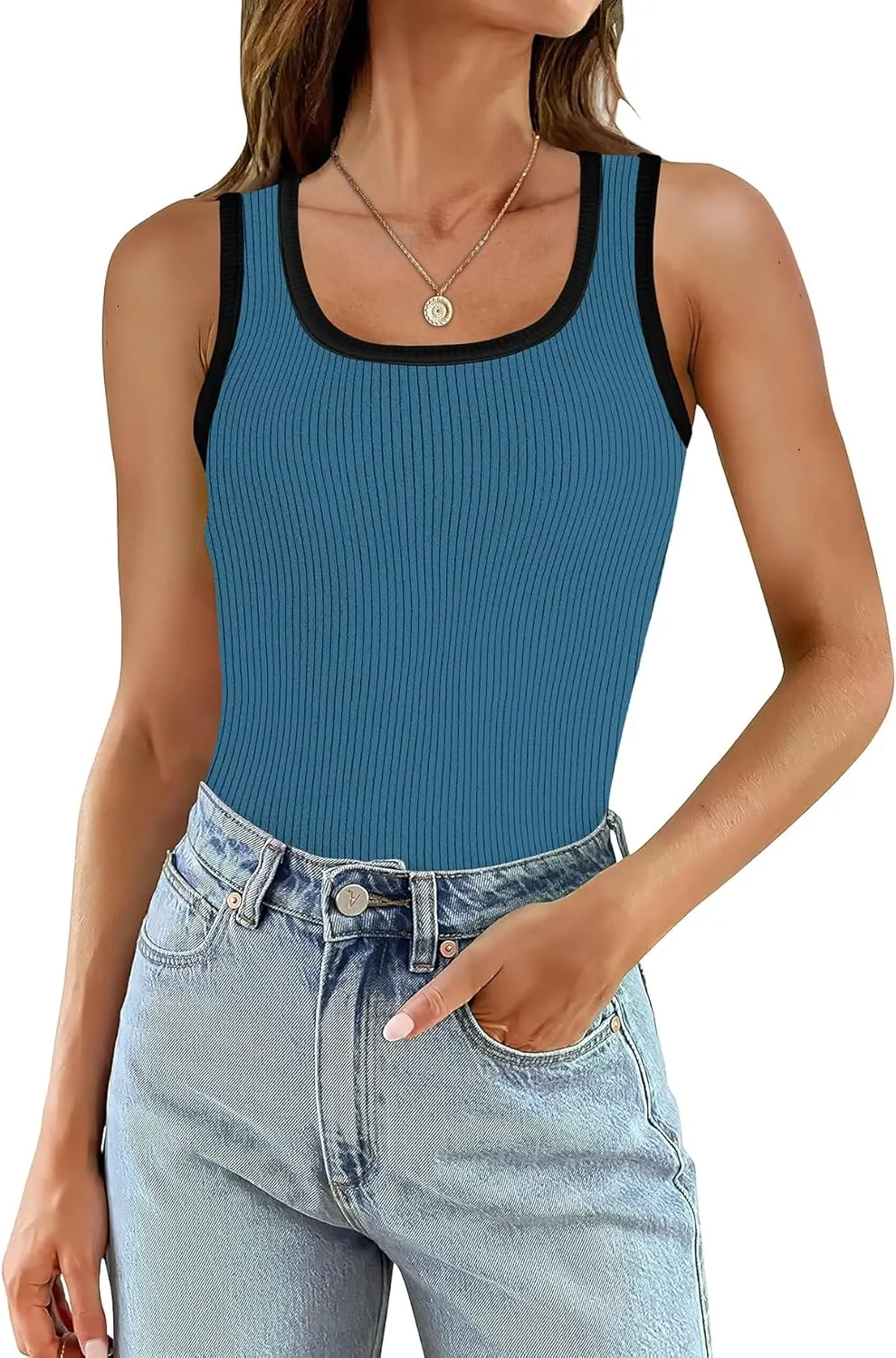 WIHOLL Womens Ribbed Tank Tops 2025 Summer Scoop Neck Slim Fitted Tops Casual Basic Knit Sleeveless Shirts
