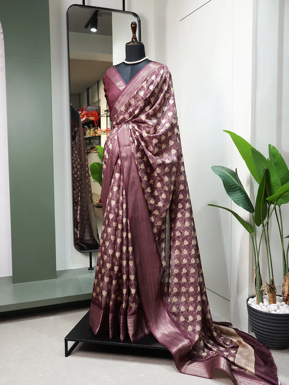 Wine Color Printed With Zari Border Dola Silk Saree