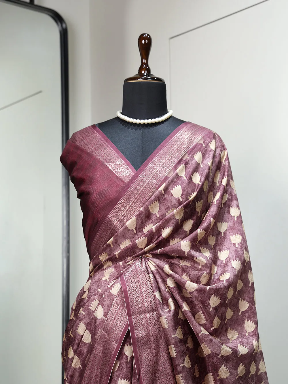 Wine Color Printed With Zari Border Dola Silk Saree