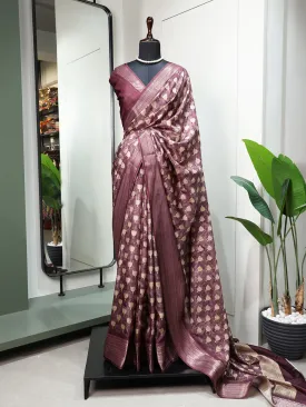 Wine Color Printed With Zari Border Dola Silk Saree