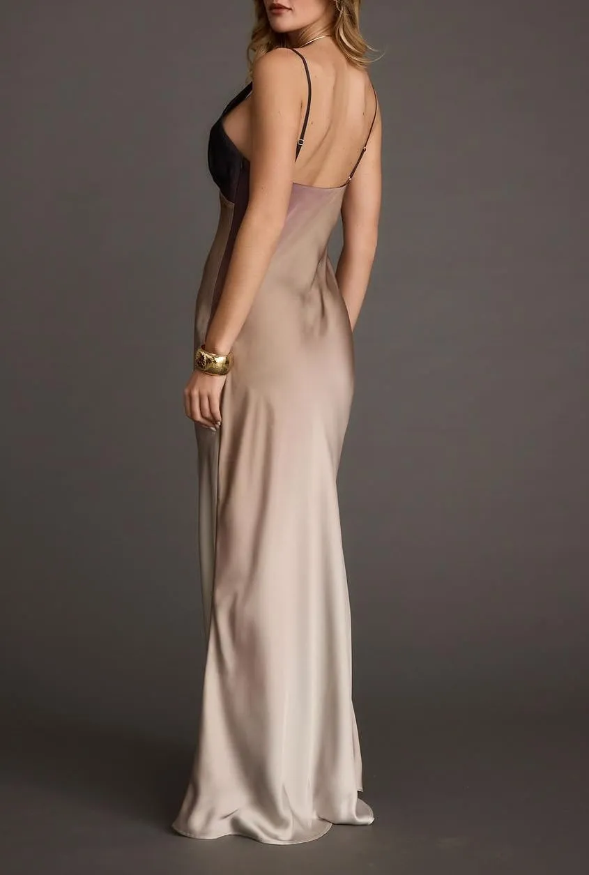 Women Ombre Satin Maxi Dress Tie Dye Sunset Dress Spaghetti Strap V Neck Backless Vacation Party Slip Dresses