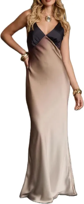 Women Ombre Satin Maxi Dress Tie Dye Sunset Dress Spaghetti Strap V Neck Backless Vacation Party Slip Dresses