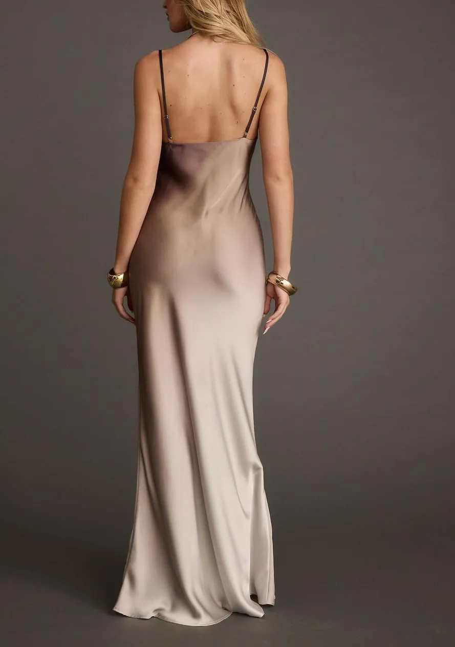 Women Ombre Satin Maxi Dress Tie Dye Sunset Dress Spaghetti Strap V Neck Backless Vacation Party Slip Dresses
