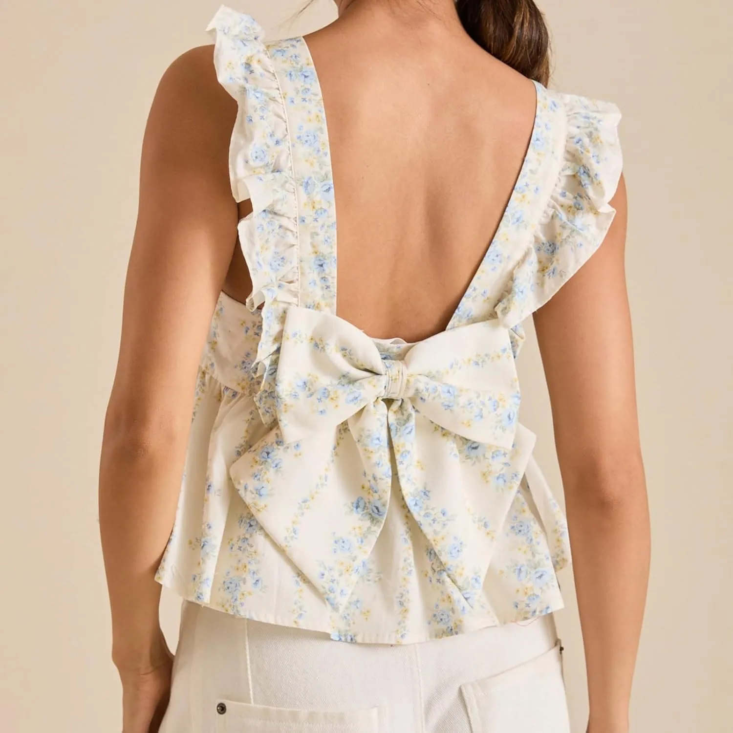 Women Y2k Going Out Tank Tops Gingham Square Neck Peplum Cami Tank Sleeveless Backless Shirt Bowtie Blouse Summer