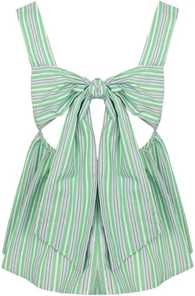 Women Y2k Going Out Tank Tops Gingham Square Neck Peplum Cami Tank Sleeveless Backless Shirt Bowtie Blouse Summer
