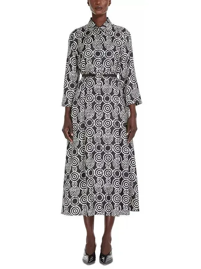 Women’s Black and White Abstract Printed Silk Shirt Dress