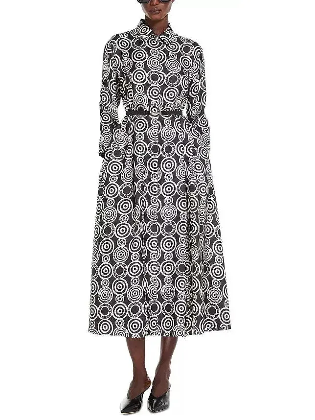 Women’s Black and White Abstract Printed Silk Shirt Dress
