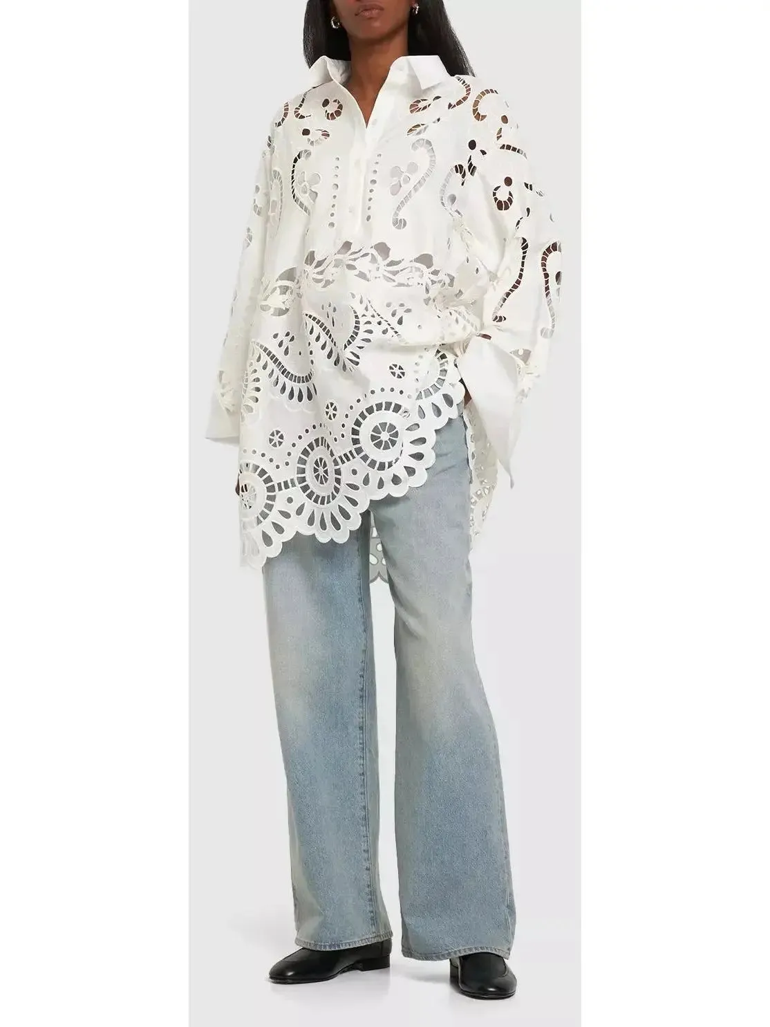 Women’s Broderie Cotton Lace Oversize White Shirt