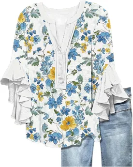 Women's Casual Boho Floral Print Tops Loose V Neck 3/4 Wave Bell Sleeve Flowy Shirts Summer Blouses for Women