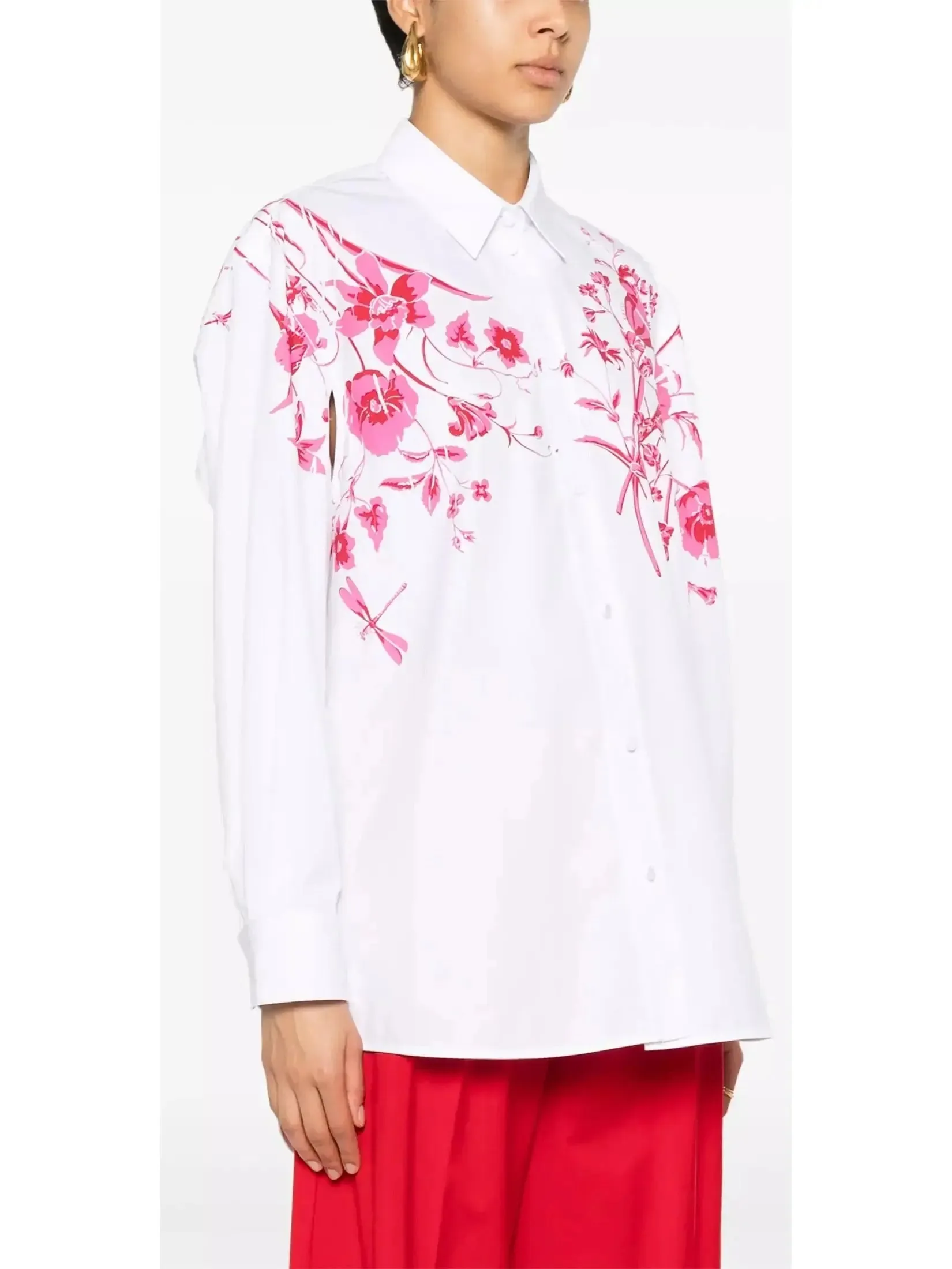 Women’s Cotton Poplin Shirt in White with Red Floral Print