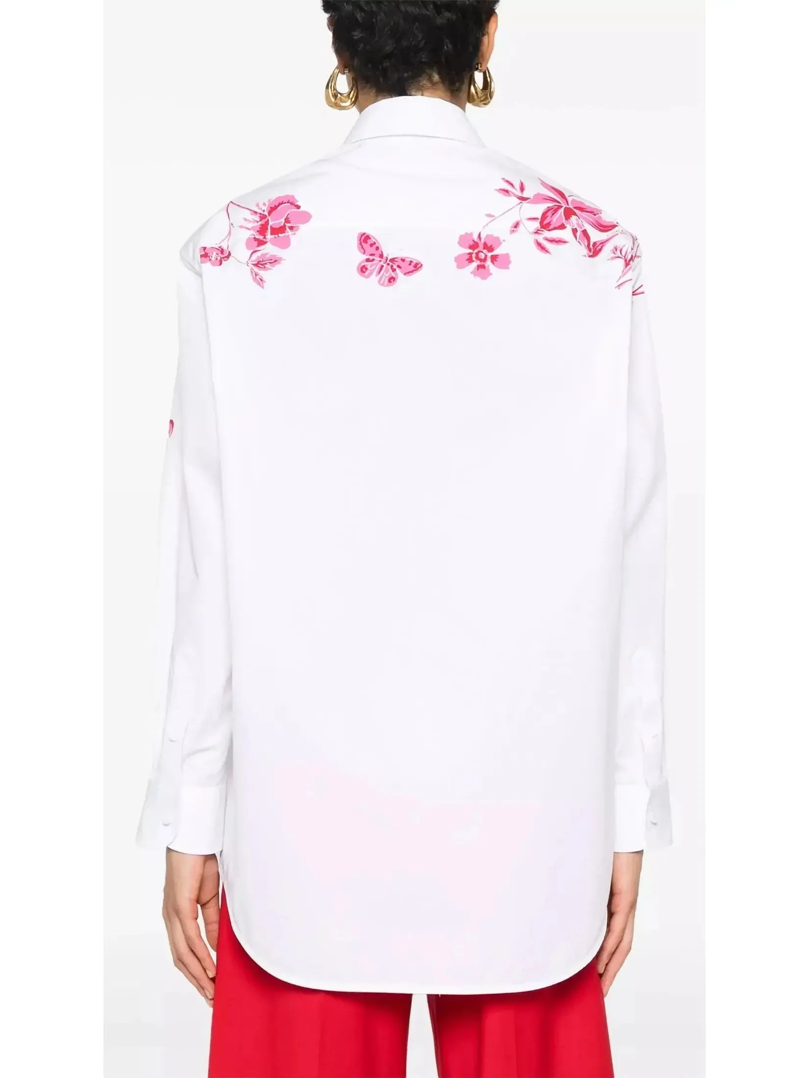 Women’s Cotton Poplin Shirt in White with Red Floral Print
