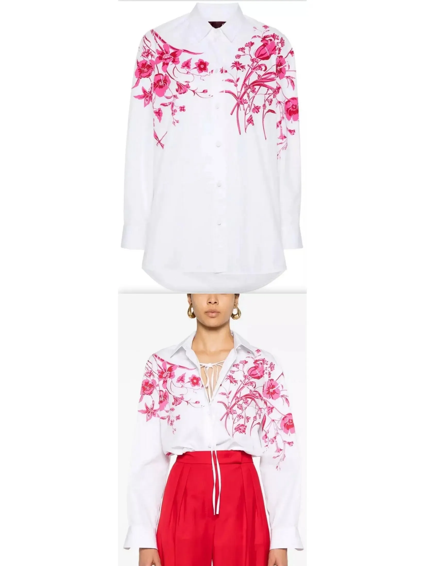 Women’s Cotton Poplin Shirt in White with Red Floral Print