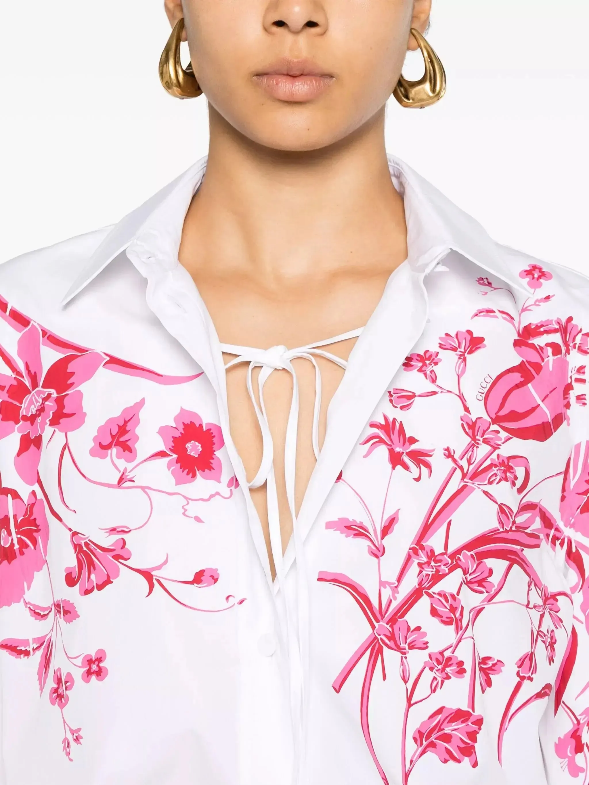 Women’s Cotton Poplin Shirt in White with Red Floral Print