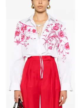 Women’s Cotton Poplin Shirt in White with Red Floral Print