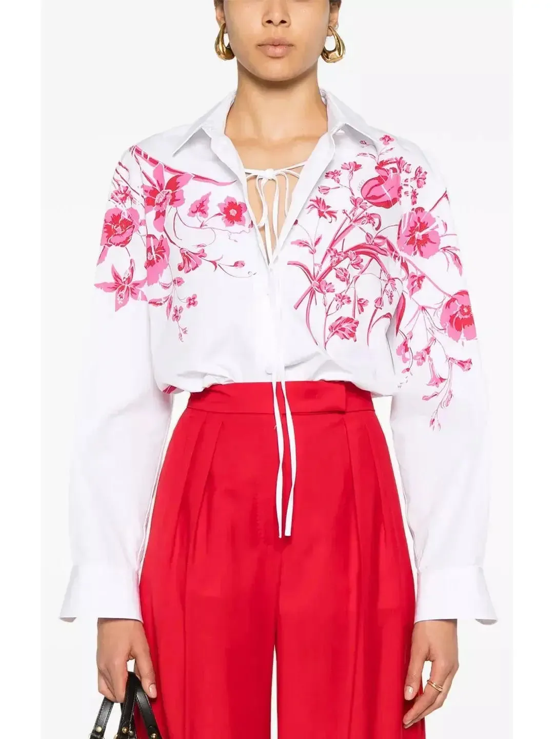Women’s Cotton Poplin Shirt in White with Red Floral Print