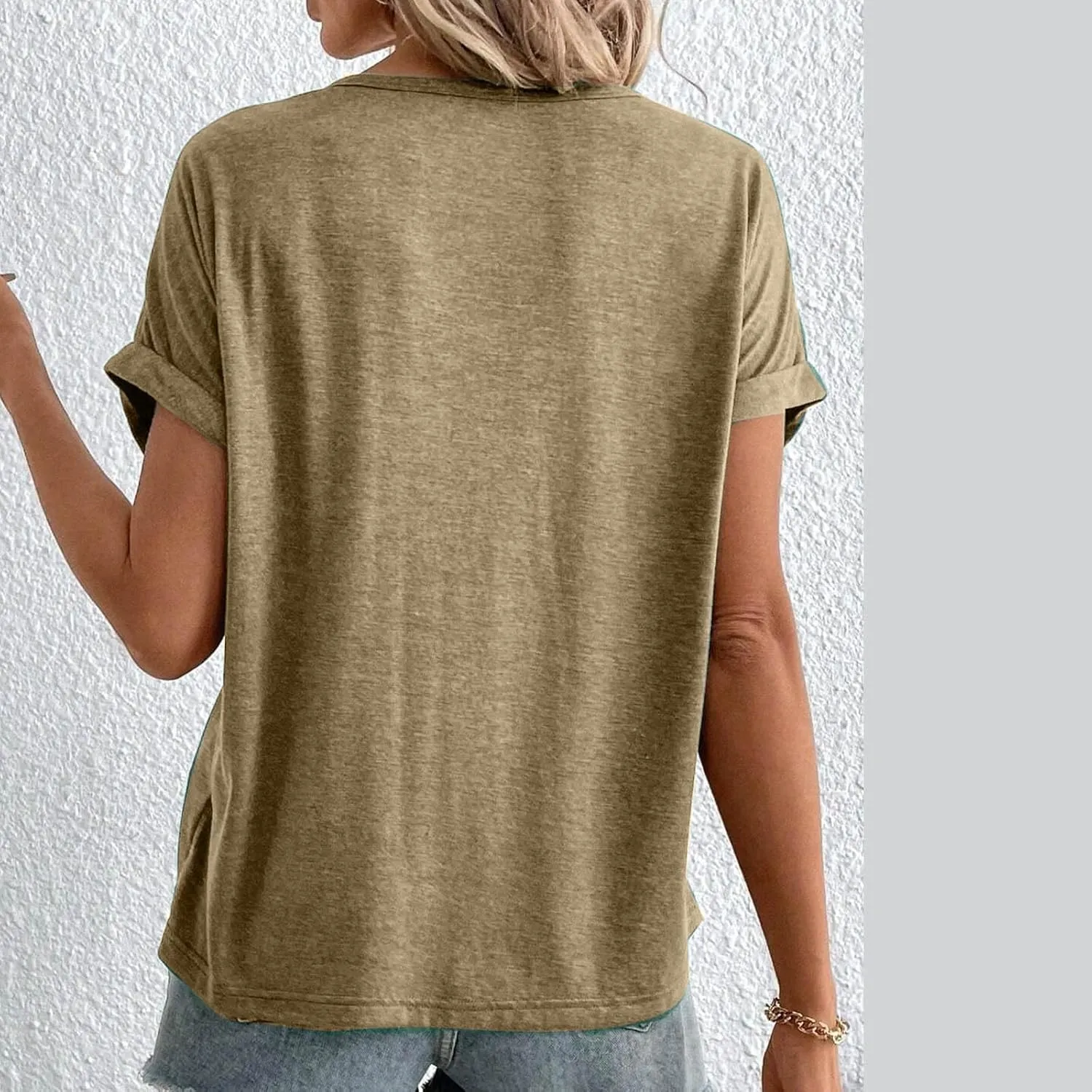Womens Henley Shirt Buttons Decor Short Sleeve Tunic Tops Blouses for Women 2024 Summer Loose Fit Solid T Shirts