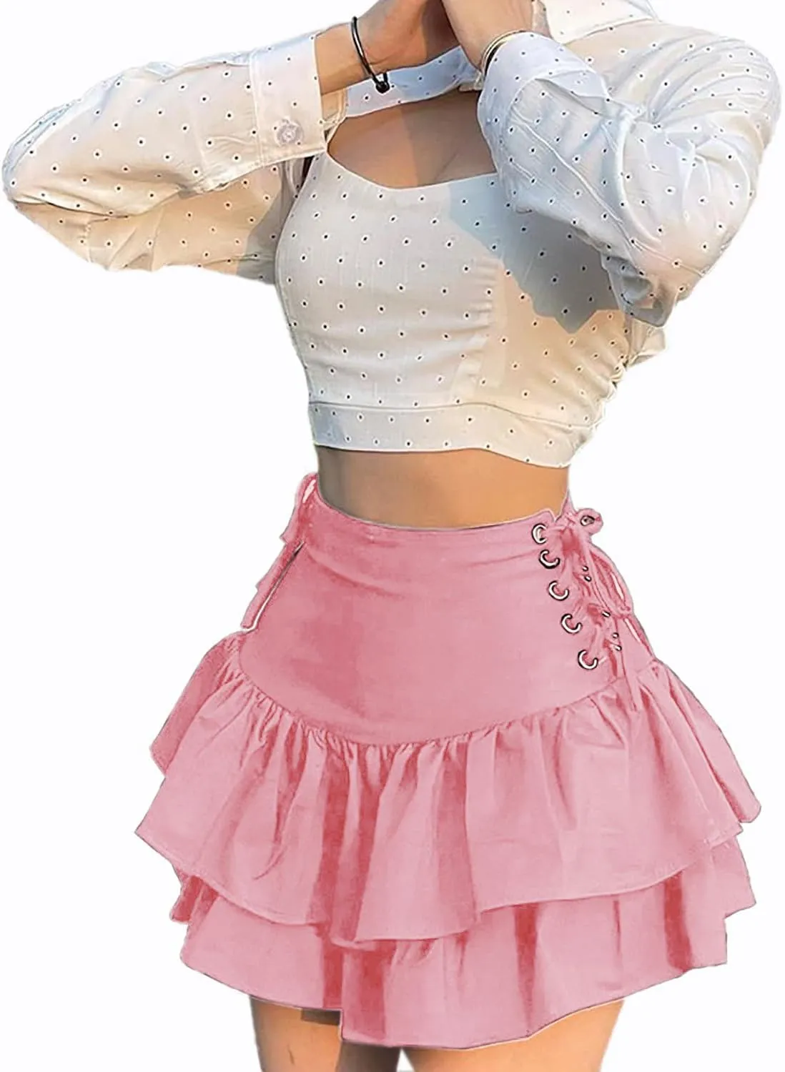 Womens Ruffle Tie Close Skirts Black Mini Skirt High Waist Goth Punk Skirt Girls Pleated Skirt Summer