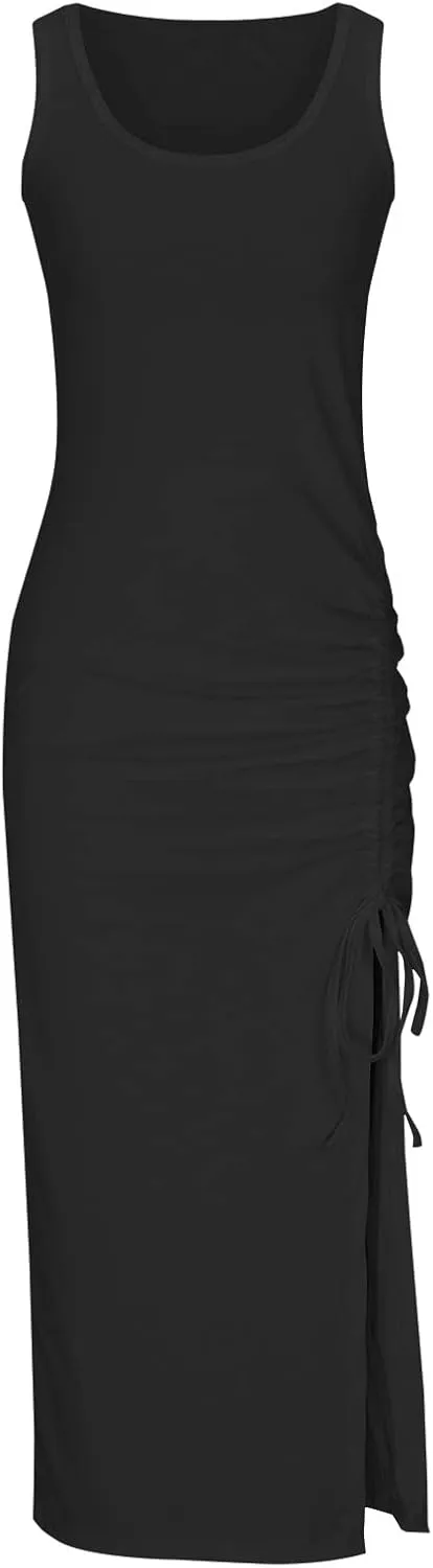 Womens Sexy Side Slit Draw/String Ruched Bodycon Casual Sun Maxi Dresses Sleeveless Ribbed Knit Tank Dress